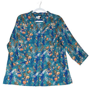 Salon Studio Green Blouse Women Large Button Shirt Hidden Button Placket Floral